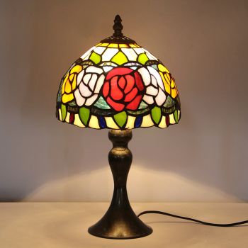 LongHuiJing Tiffany Stained Glass Style Desk Light Red Rose Lampshade Table Reading Night Light W8H15Inch