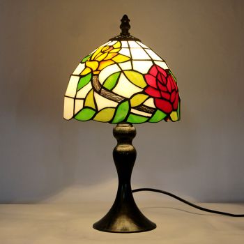 LongHuiJing Red Flower Tiffany Stained Glass Style Desk Light Rose Lmapshade Table Reading Night Light W8H15Inch