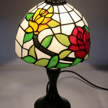LongHuiJing Red Flower Tiffany Stained Glass Style Desk Light Rose Lmapshade Table Reading Night Light W8H15Inch