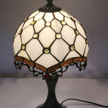 LongHuiJing Tiffany Stained Glass Style Desk Light Red Beads Lampshade Table Reading Night Light W8H15Inch