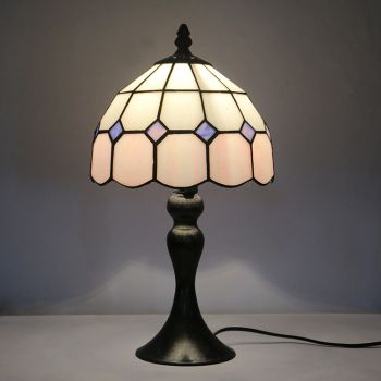 LongHuiJing Tiffany Stained Glass Style Desk Light Pink Grid Lampshade Table Reading Night Light W8H15Inch