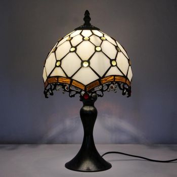 LongHuiJing Tiffany Stained Glass Style Desk Light Red Beads Lampshade Table Reading Night Light W8H15Inch