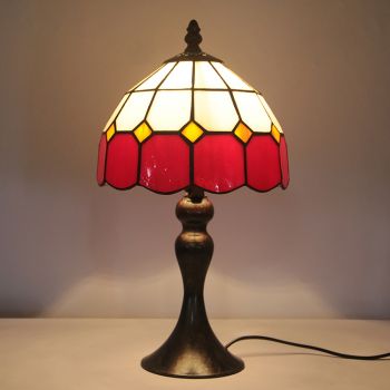 LongHuiJing Tiffany Stained Glass Style Desk Light Red Grid Lampshade Table Reading Night Light W8H15Inch