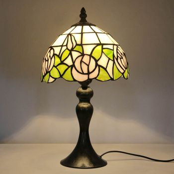 LongHuiJing Tiffany Stained Glass Style Desk Light Pink Rose Lampshade Table Reading Night Light W8H15Inch
