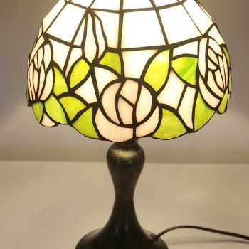 LongHuiJing Tiffany Stained Glass Style Desk Light Pink Rose Lampshade Table Reading Night Light W8H15Inch