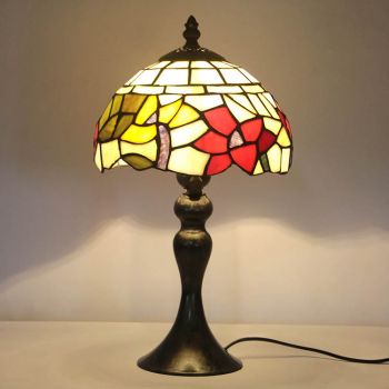 LongHuiJing Tiffany Stained Glass Style Desk Light Red Floral Lampshade Table Reading Night Light W8H15Inch