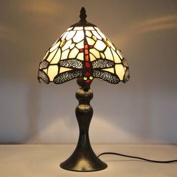 LongHuiJing Tiffany Stained Glass Style Desk Light Red Dragonfly Lampshade Table Reading Night Light W8H15Inch