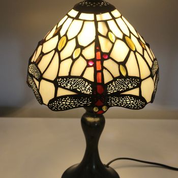 LongHuiJing Tiffany Stained Glass Style Desk Light Red Dragonfly Lampshade Table Reading Night Light W8H15Inch