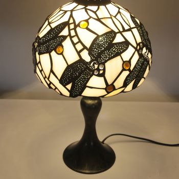 LongHuiJing Tiffany White Stained Glass Style Desk Light Dragonfly Lampshade Table Reading Night Light W8H15Inch