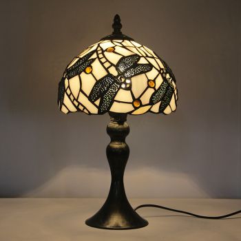 LongHuiJing Tiffany White Stained Glass Style Desk Light Dragonfly Lampshade Table Reading Night Light W8H15Inch