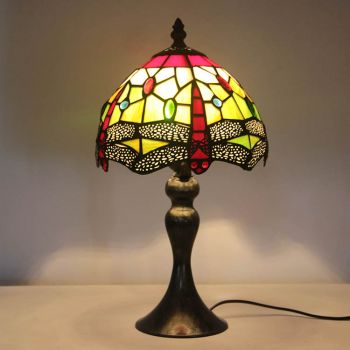 LongHuiJing Tiffany Stained Glass Style Desk Light Red Shape Dragonfly Lampshade Table Reading Night Light W8H15Inch