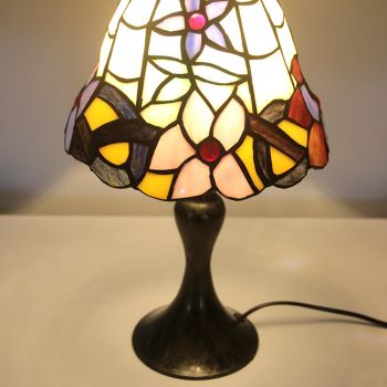 LongHuiJing Tiffany Stained Glass Style Desk Light Pink Flower Pattern Lampshade Table Reading Night Light W8H15Inch