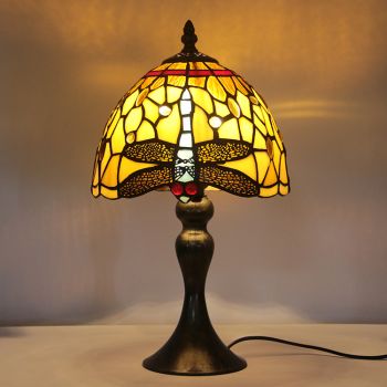 LongHuiJing Tiffany Stained Glass Style Desk Light Blue Dragonfly Lampshade Table Reading Night Light W8H15Inch