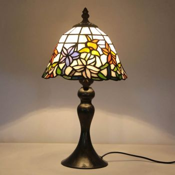 LongHuiJing Tiffany Stained Glass Style Desk Light Floral Lampshade Table Reading Night Light W8H15Inch