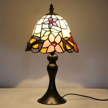 LongHuiJing Tiffany Stained Glass Style Desk Light Pink Flower Pattern Lampshade Table Reading Night Light W8H15Inch