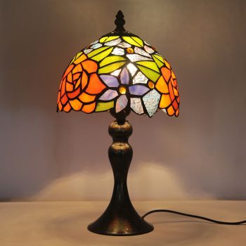 LongHuiJing Tiffany Stained Glass Style Desk Light Orange Rose Lampshade Table Reading Night Light W8H15Inch