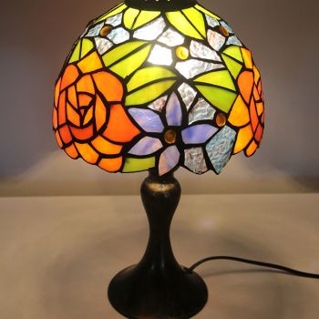 LongHuiJing Tiffany Stained Glass Style Desk Light Orange Rose Lampshade Table Reading Night Light W8H15Inch