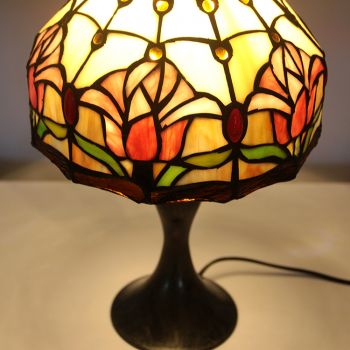 LongHuiJing Tiffany Stained Glass Style Desk Light Flower Pattern Lampshade Table Reading Night Light W8H15Inch
