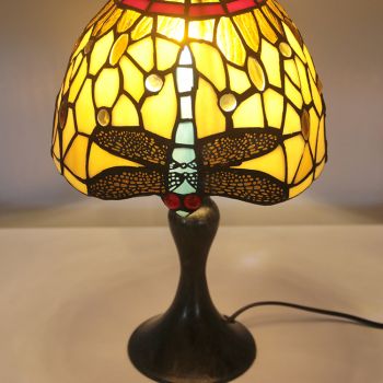 LongHuiJing Tiffany Stained Glass Style Desk Light Blue Dragonfly Lampshade Table Reading Night Light W8H15Inch