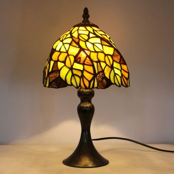 LongHuiJing Tiffany Stained Glass Style Desk Light Green Leaf Lampshade Table Reading Night Light W8H15Inch