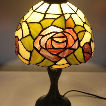 LongHuiJing Tiffany Stained Glass Style Desk Light Red Rose Pattern Lampshade Table Reading Night Light W8H15Inch