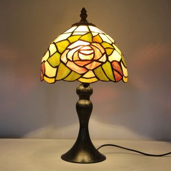 LongHuiJing Tiffany Stained Glass Style Desk Light Red Rose Pattern Lampshade Table Reading Night Light W8H15Inch