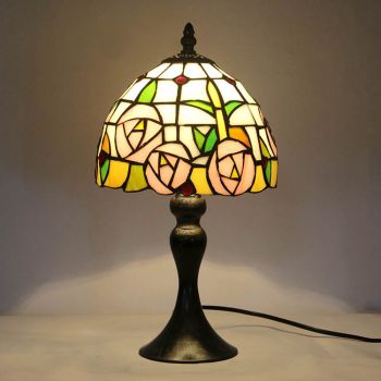 LongHuiJing Tiffany Stained Glass Style Desk Light Pink Floral Rose Lampshade Table Reading Night Light W8H15Inch