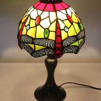 LongHuiJing Tiffany Stained Glass Style Desk Light Red Shape Dragonfly Lampshade Table Reading Night Light W8H15Inch