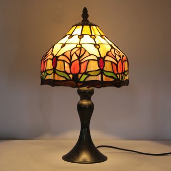 LongHuiJing Tiffany Stained Glass Style Desk Light Flower Pattern Lampshade Table Reading Night Light W8H15Inch