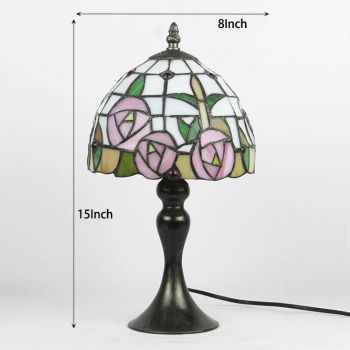 LongHuiJing Tiffany Stained Glass Style Desk Light Pink Floral Rose Lampshade Table Reading Night Light W8H15Inch