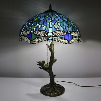 LongHuiJing Blue Dragonfly Tiffany Style Stained Glass Table Lamp with 16Inch Wide Lampshade and Bird Nest Tree Trunk