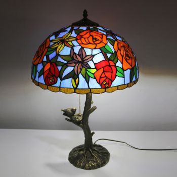 LongHuiJing Orange Rose Tiffany Style Stained Glass Table Lamp with 16Inch Wide Lampshade and Bird Nest Tree Trunk
