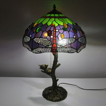 LongHuiJing Purple Tiffany Style Stained Glass Table Lamp with 16Inch Wide Lampshade and Bird Nest Tree Trunk