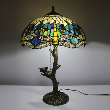 LongHuiJing Yellow Dragonfly Tiffany Style Stained Glass Table Lamp with 16Inch Wide Lampshade and Bird Nest Tree Trunk