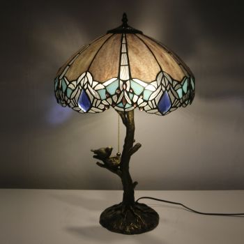 LongHuiJing Purple Dragonfly Tiffany Style Stained Glass Table Lamp with 16Inch Wide Lampshade and Bird Nest Tree Trunk