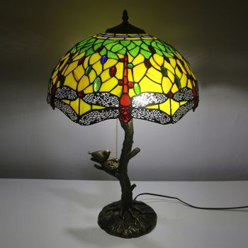 LongHuiJing Red Dragonfly Tiffany Style Stained Glass Table Lamp with 16Inch Wide Lampshade and Bird Nest Tree Trunk
