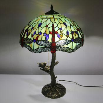 LongHuiJing Green Tiffany Style Stained Glass Table Lamp with 16Inch Wide Lampshade and Bird Nest Tree Trunk