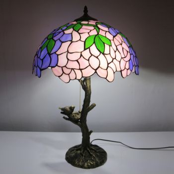 LongHuiJing Pink Wisteria Tiffany Style Stained Glass Table Lamp with 16Inch Wide Lampshade and Bird Nest Tree Trunk