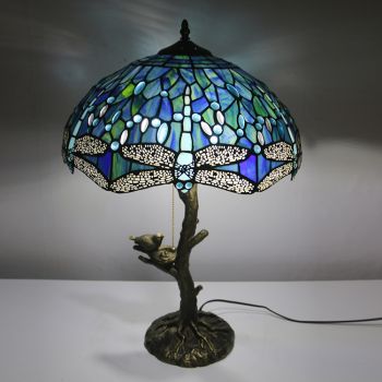 LongHuiJing Blue Dragonfly Tiffany Style Stained Glass Table Lamp with 16Inch Wide Lampshade and Bird Nest Tree Trunk
