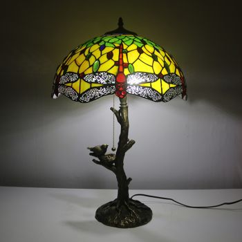 LongHuiJing Red Dragonfly Tiffany Style Stained Glass Table Lamp with 16Inch Wide Lampshade and Bird Nest Tree Trunk