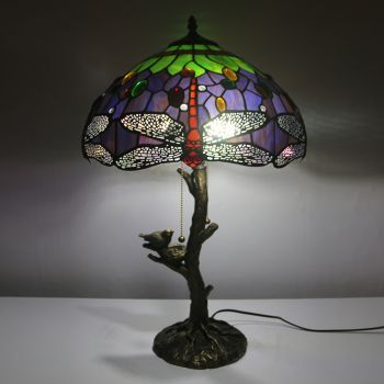LongHuiJing Purple Tiffany Style Stained Glass Table Lamp with 16Inch Wide Lampshade and Bird Nest Tree Trunk