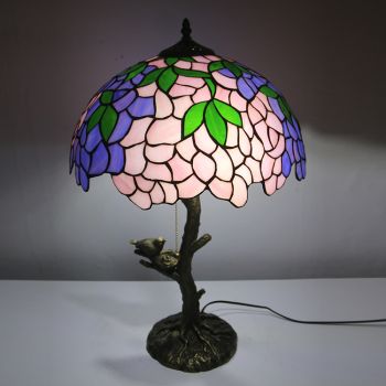 LongHuiJing Pink Wisteria Tiffany Style Stained Glass Table Lamp with 16Inch Wide Lampshade and Bird Nest Tree Trunk