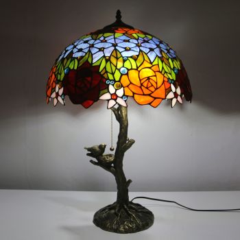 LongHuiJing Red Rose Tiffany Style Stained Glass Table Lamp with 16Inch Wide Lampshade and Bird Nest Tree Trunk