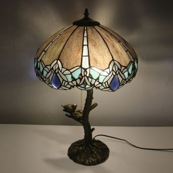 LongHuiJing Purple Dragonfly Tiffany Style Stained Glass Table Lamp with 16Inch Wide Lampshade and Bird Nest Tree Trunk