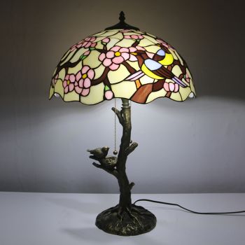 LongHuiJing Picapica Tiffany Style Stained Glass Table Lamp with 16Inch Wide Lampshade and Bird Nest Tree Trunk