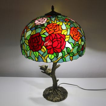 LongHuiJing Rose Flower Tiffany Style Stained Glass Table Lamp with 16Inch Wide Lampshade and Bird Nest Tree Trunk