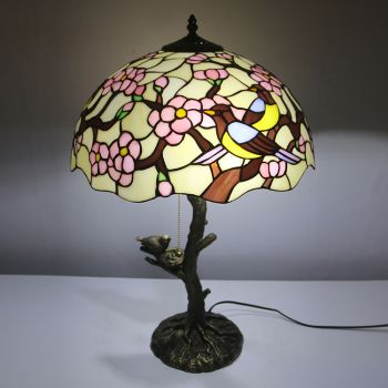 LongHuiJing Picapica Tiffany Style Stained Glass Table Lamp with 16Inch Wide Lampshade and Bird Nest Tree Trunk