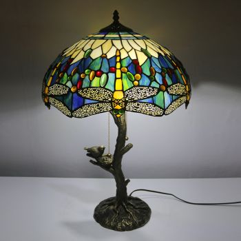 LongHuiJing Yellow Dragonfly Tiffany Style Stained Glass Table Lamp with 16Inch Wide Lampshade and Bird Nest Tree Trunk