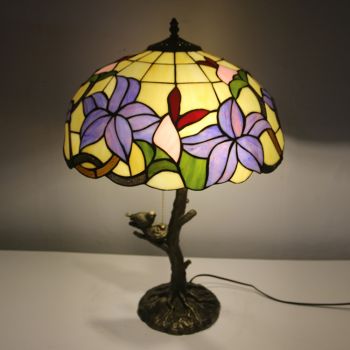 LongHuiJing Purple Flower Tiffany Style Stained Glass Table Lamp with 16Inch Wide Lampshade and Bird Nest Tree Trunk