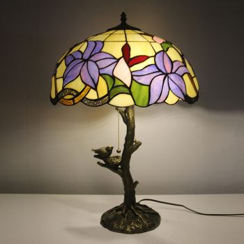 LongHuiJing Purple Flower Tiffany Style Stained Glass Table Lamp with 16Inch Wide Lampshade and Bird Nest Tree Trunk